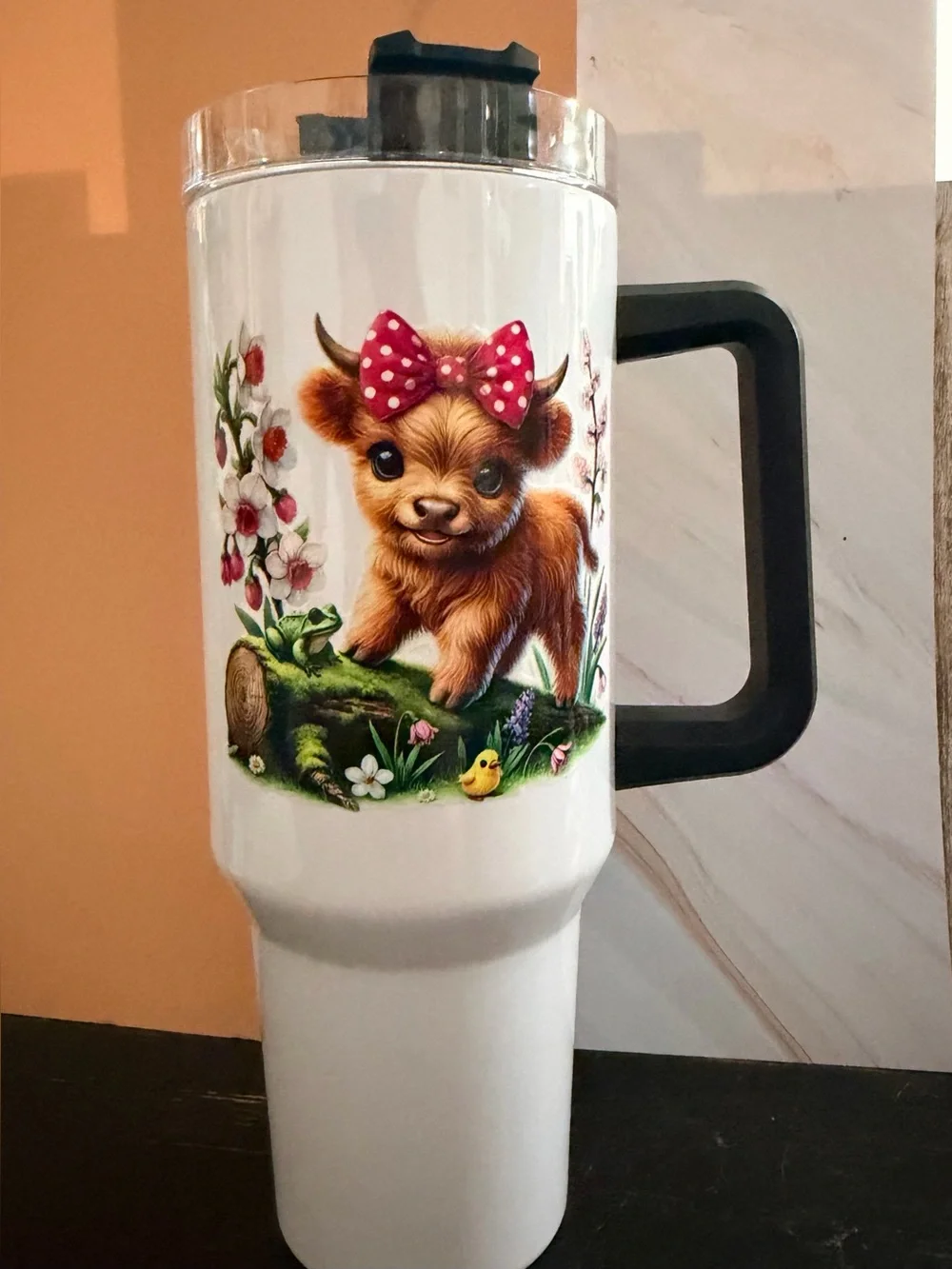 32 oz Highlander Baby Cows Pink Bows Flowers Stainless Steel Insulated Tumbler